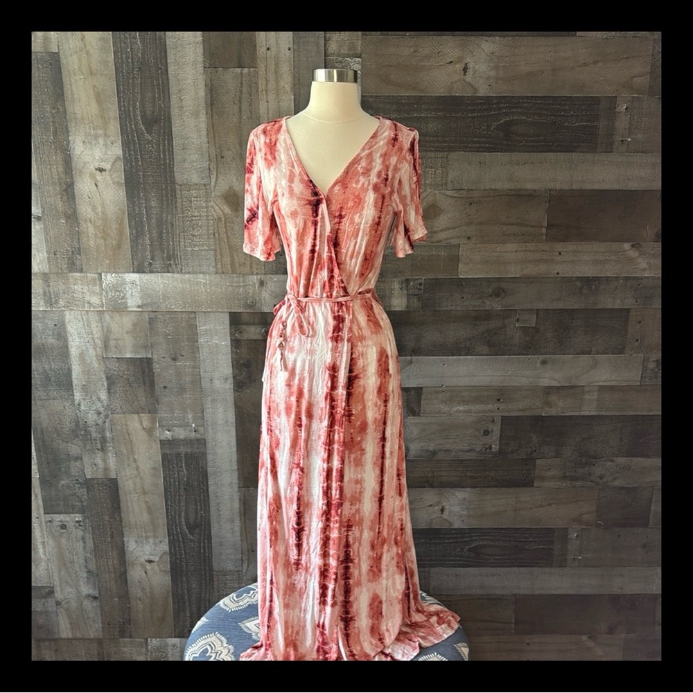 American Rag pink white tie dye wrap maxi dress small Barbiecore resortwear